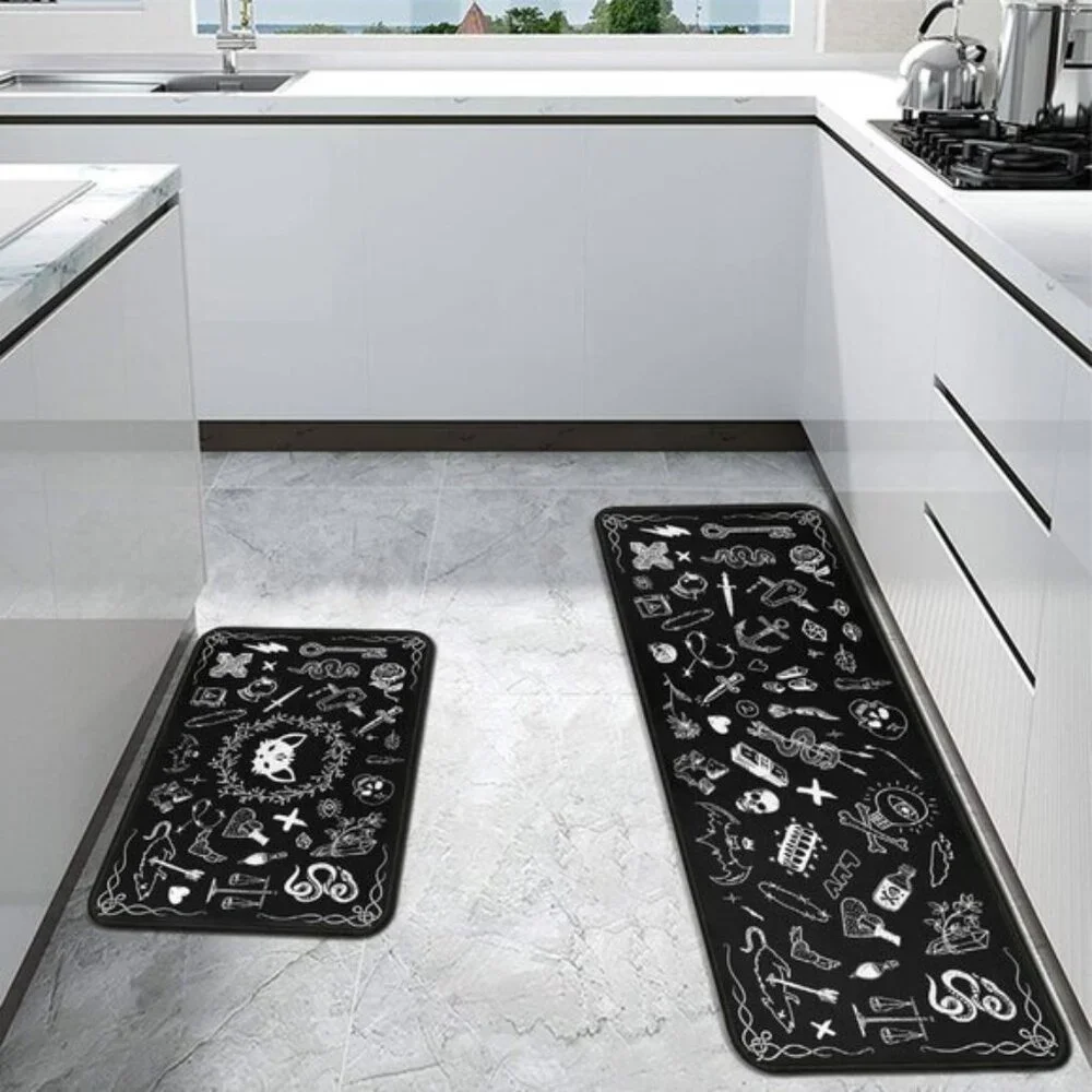 New Set of 2 Black Kitchen Mat with Rubber Backing, Non-Slip, Washable Rugs Set
